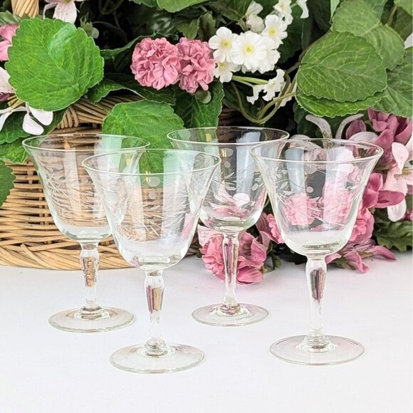 Set of 4 Etched Crystal Cocktail Glasses Dot & Swag Vintage 1940s Willow Moon - Picture 2 of 8